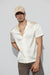Front profile of MONFRÈRE Bond Shirt Silk Ivory men's off white ivory stretch viscose silk bowling shirt.
