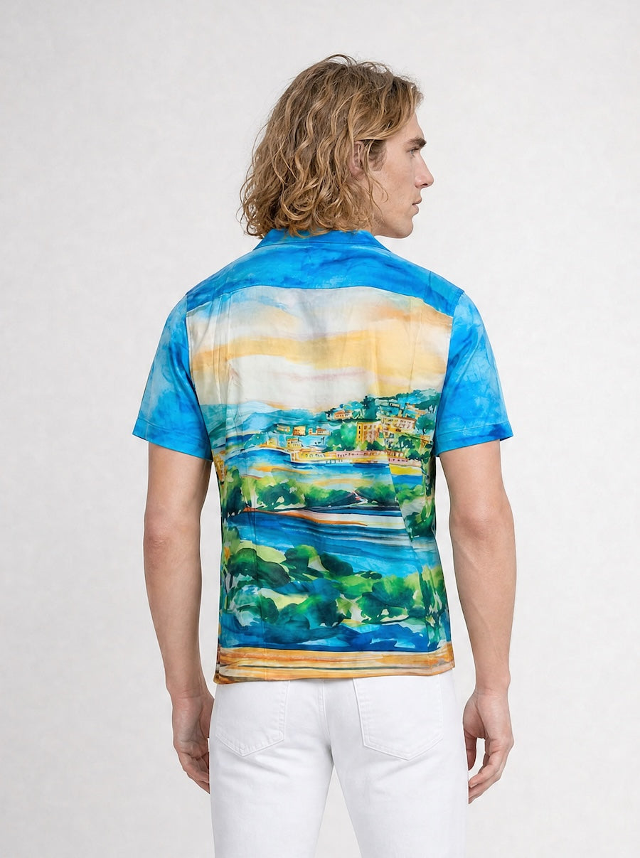 Back profile of MONFRÈRE Bond Shirt Silk Monaco men's printed stretch viscose silk bowling shirt.