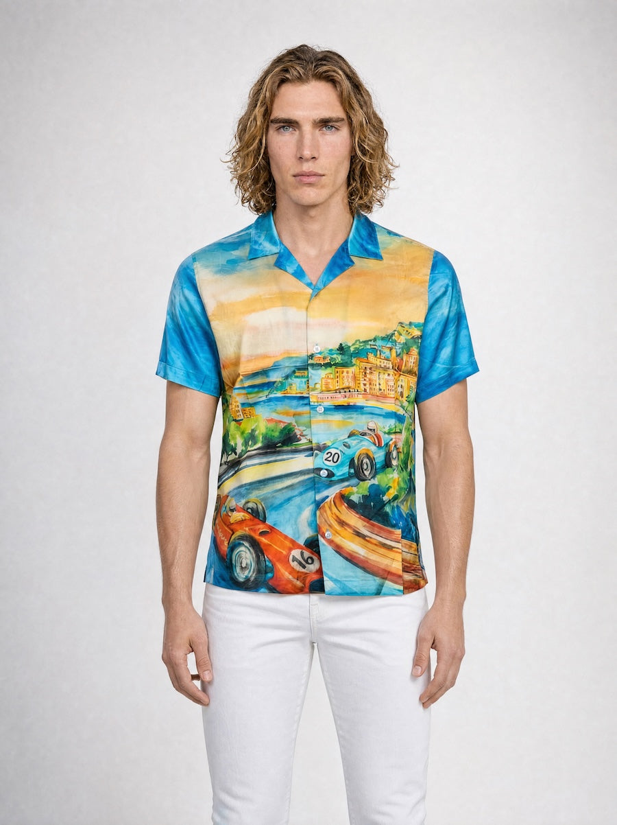 Front profile of MONFRÈRE Bond Shirt Silk Monaco men's printed stretch viscose silk bowling shirt.