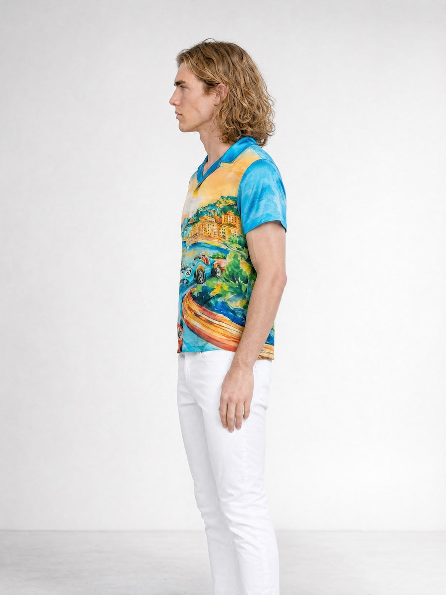 Side profile of MONFRÈRE Bond Shirt Silk Monaco men's printed stretch viscose silk bowling shirt.