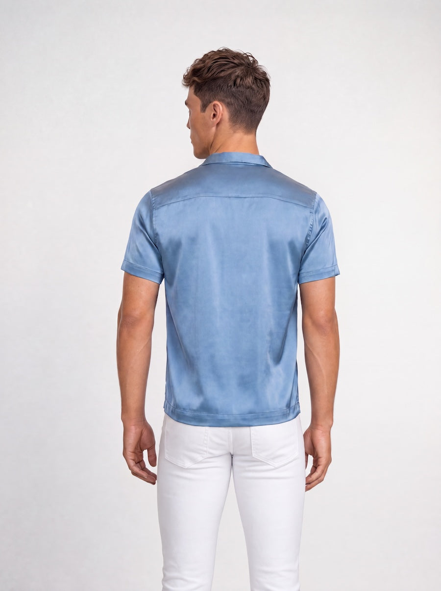 Back profile of MONFRÈRE Bond Shirt Silk Steel Blue men's blue stretch viscose silk bowling shirt.