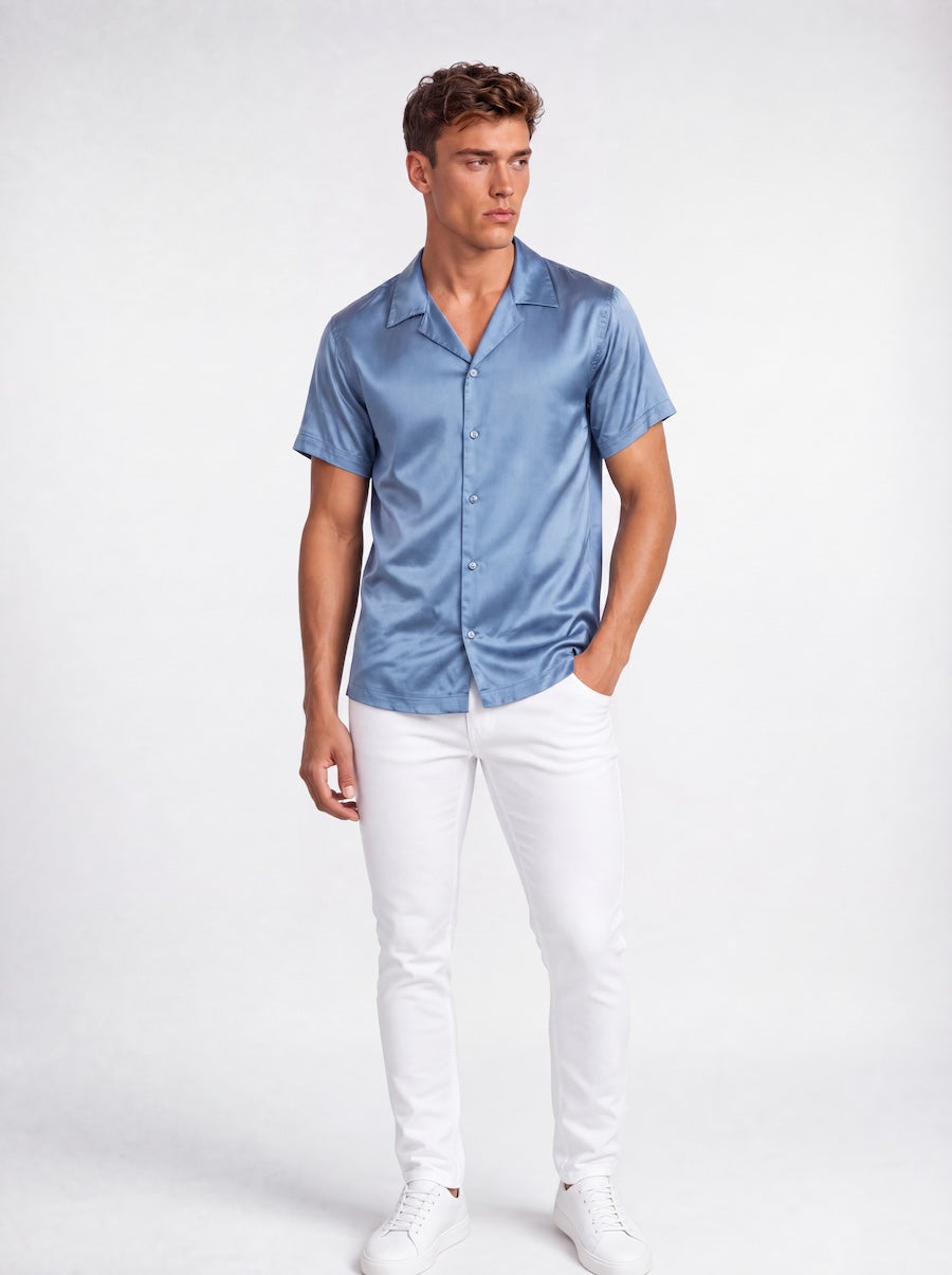 Bond Shirt Silk Steel Blue Short Sleeve Button Down