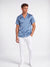 Model wearing monfrère bond shirt silk steel blue men's blue stretch viscose silk bowling shirt