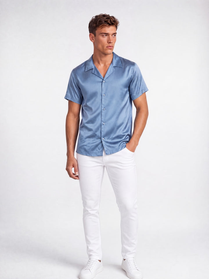 Model wearing MONFRÈRE Bond Shirt Silk Steel Blue men&
