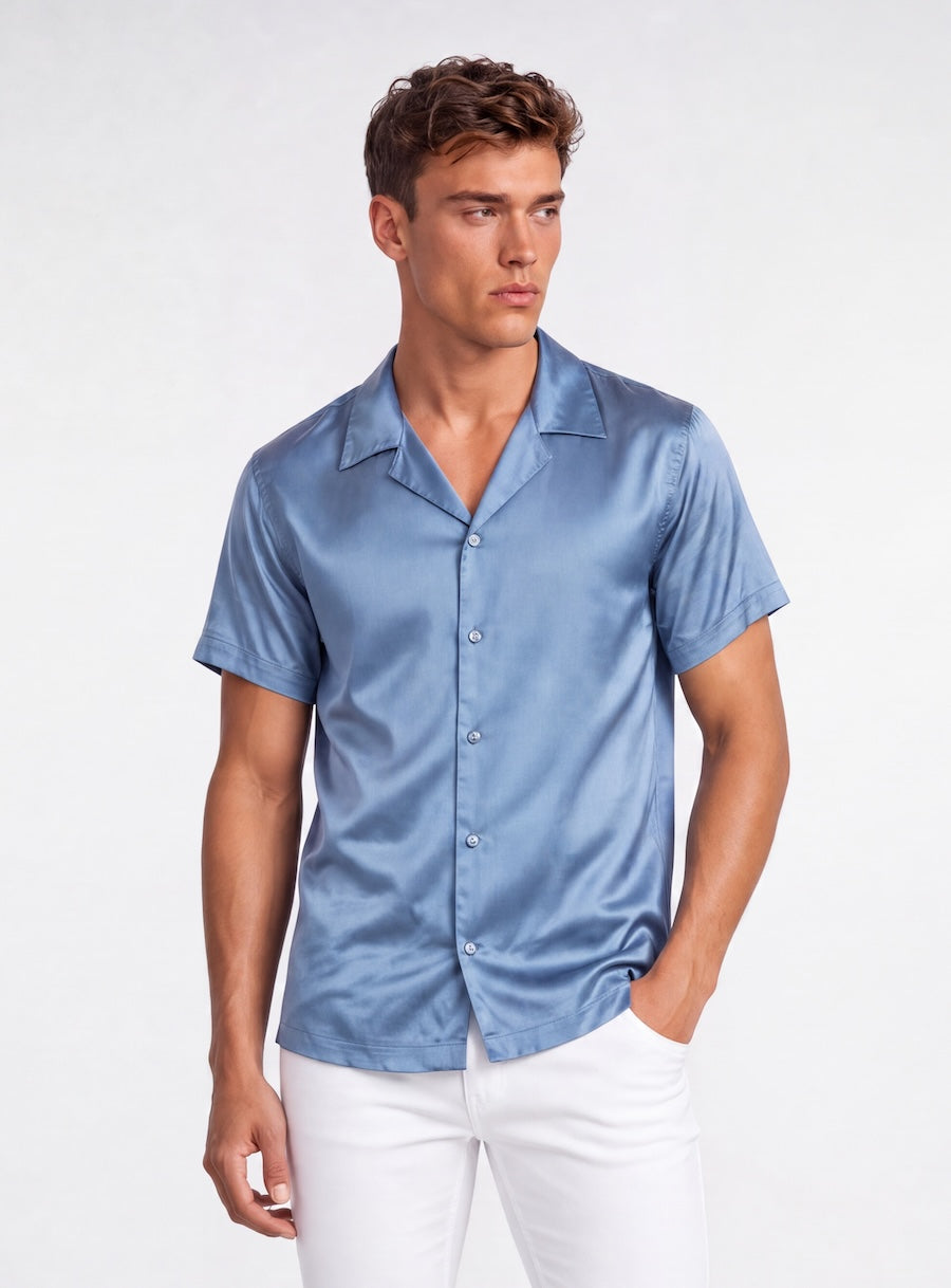 Front profile of MONFRÈRE Bond Shirt Silk Steel Blue men's blue stretch viscose silk bowling shirt.