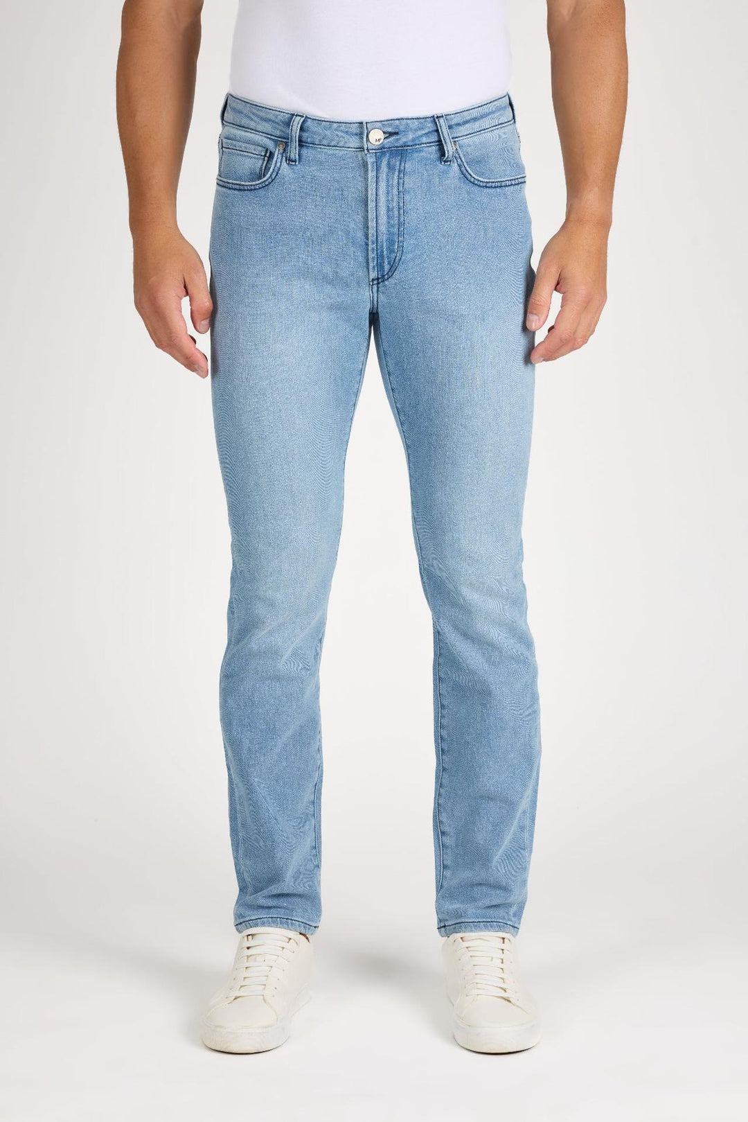 Front profile of MONFRÈRE Brando Belmar men's blue Japanese stretch denim five pocket slim jean.