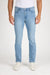 Front profile of MONFRÈRE Brando Belmar men's blue Japanese stretch denim five pocket slim jean.