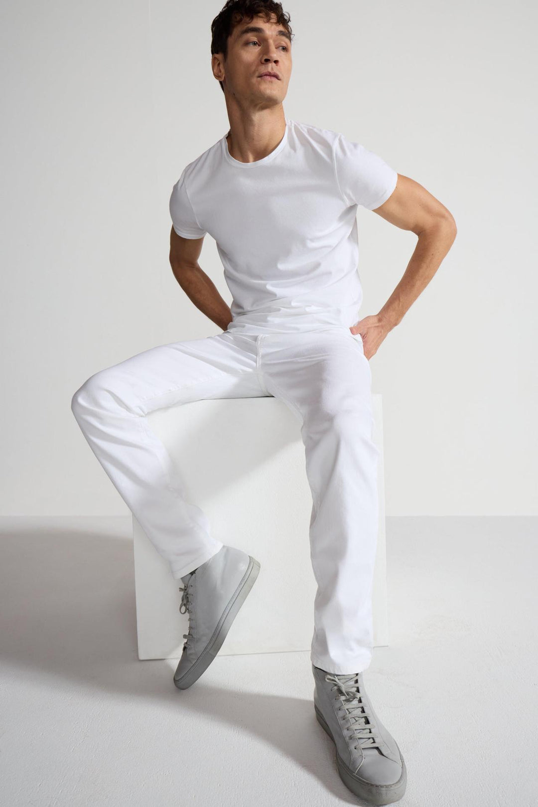 Detail view of MONFRÈRE Brando Blanc men's white Japanese stretch denim five pocket slim jean.