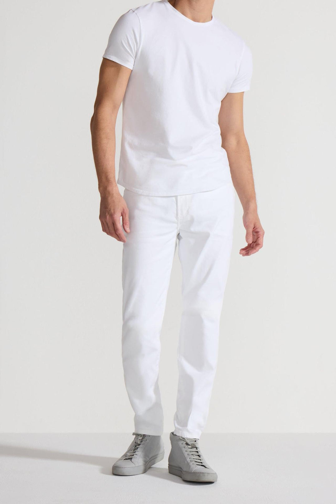 Front profile of MONFRÈRE Brando Blanc men's white Japanese stretch denim five pocket slim jean.
