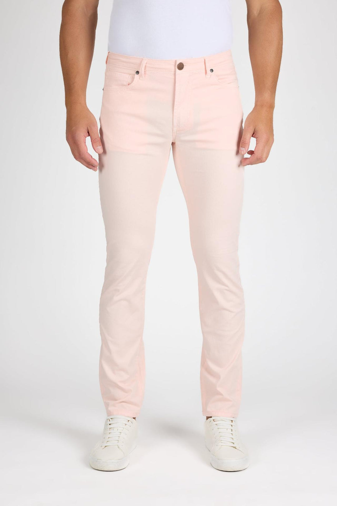 Front profile of MONFRÈRE Brando Coral men's pink stretch twill five pocket slim jean.