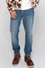 Front profile of MONFRÈRE Brando Encino men's blue stretch rigid vintage denim five pocket slim jean.