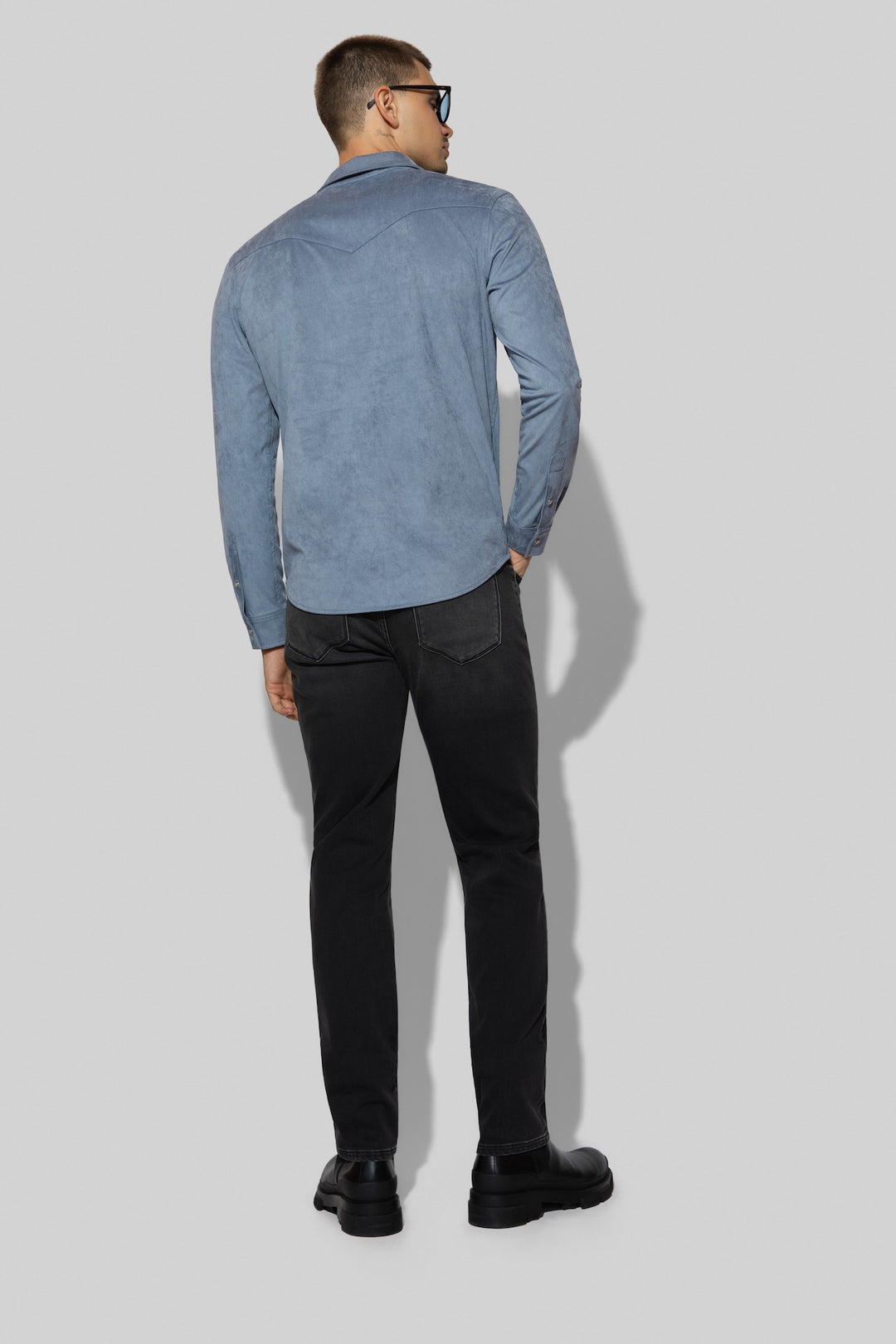 Detail view of MONFRÈRE Brando French Terry Matter men's dark grey French Terry denim five pocket slim jean.