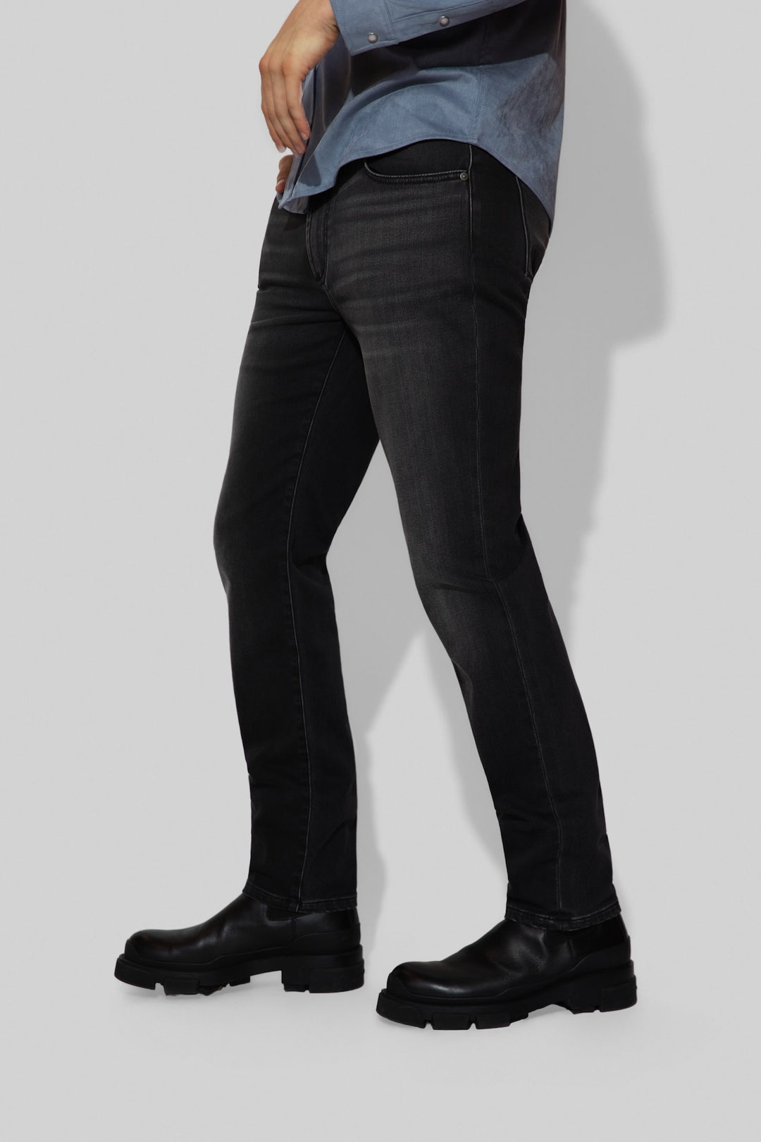 Side profile of MONFRÈRE Brando French Terry Matter men's dark grey French Terry denim five pocket slim jean.