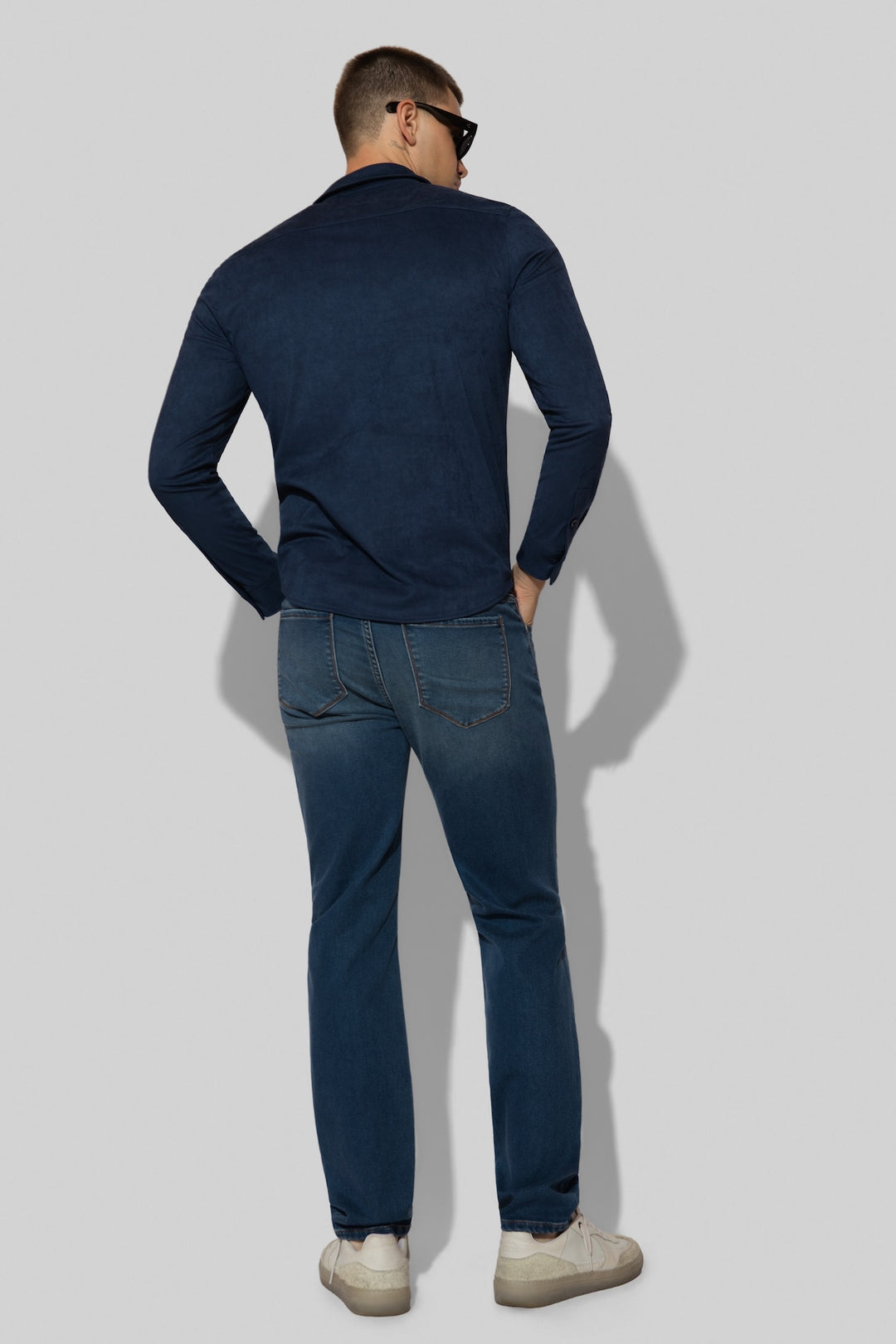Detail view of MONFRÈRE Brando French Terry Rodeo men's blue French Terry denim five pocket slim jean.