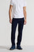Front profile of MONFRÈRE Brando Indigo men's dark blue Japanese stretch denim five pocket slim jean.