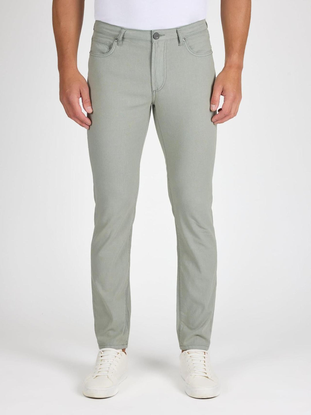 Front profile of MONFRÈRE Brando Jade men's green stretch twill five pocket slim jean.