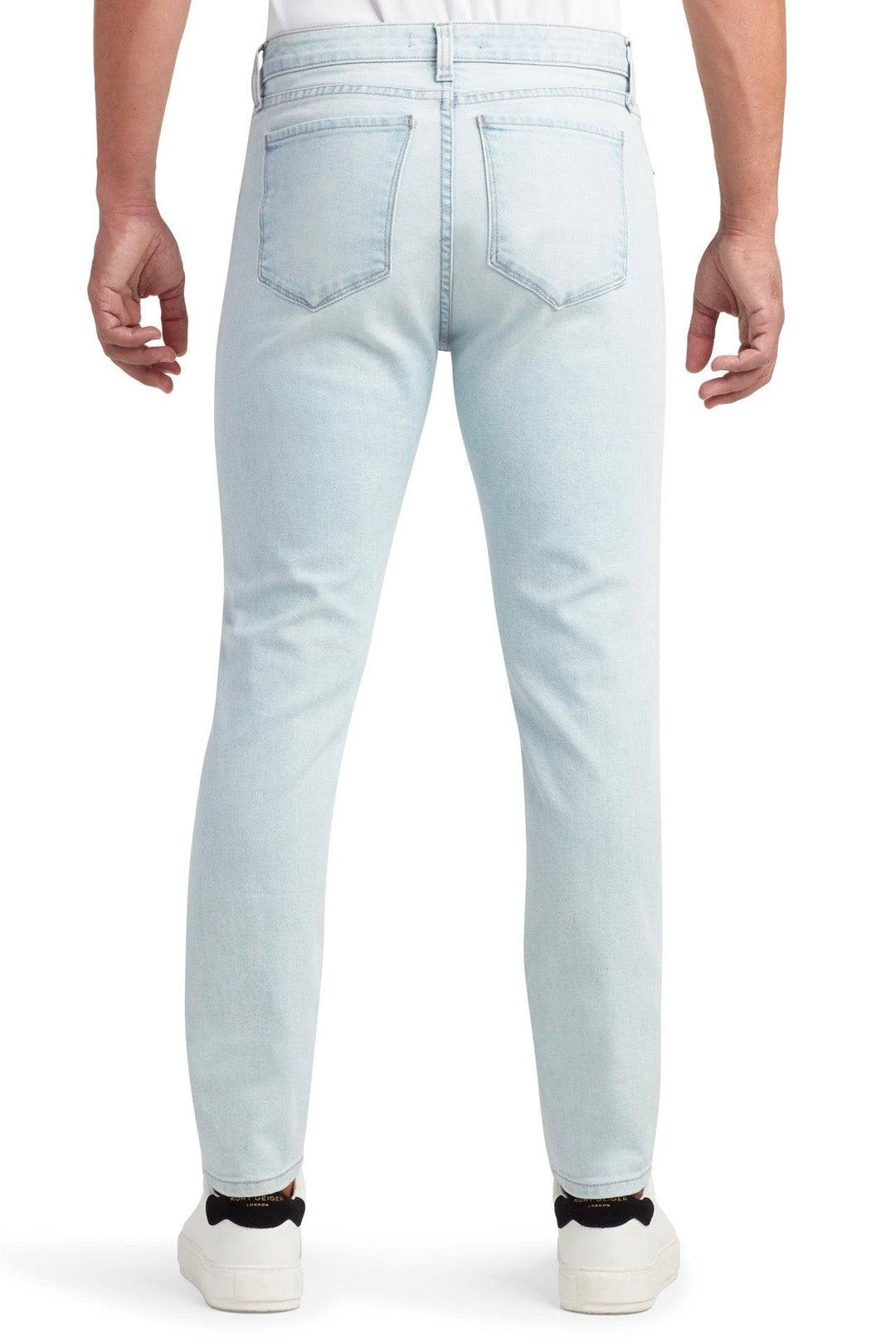 Back profile of MONFRÈRE Brando Naples men's light blue Japanese stretch denim five pocket slim jean.
