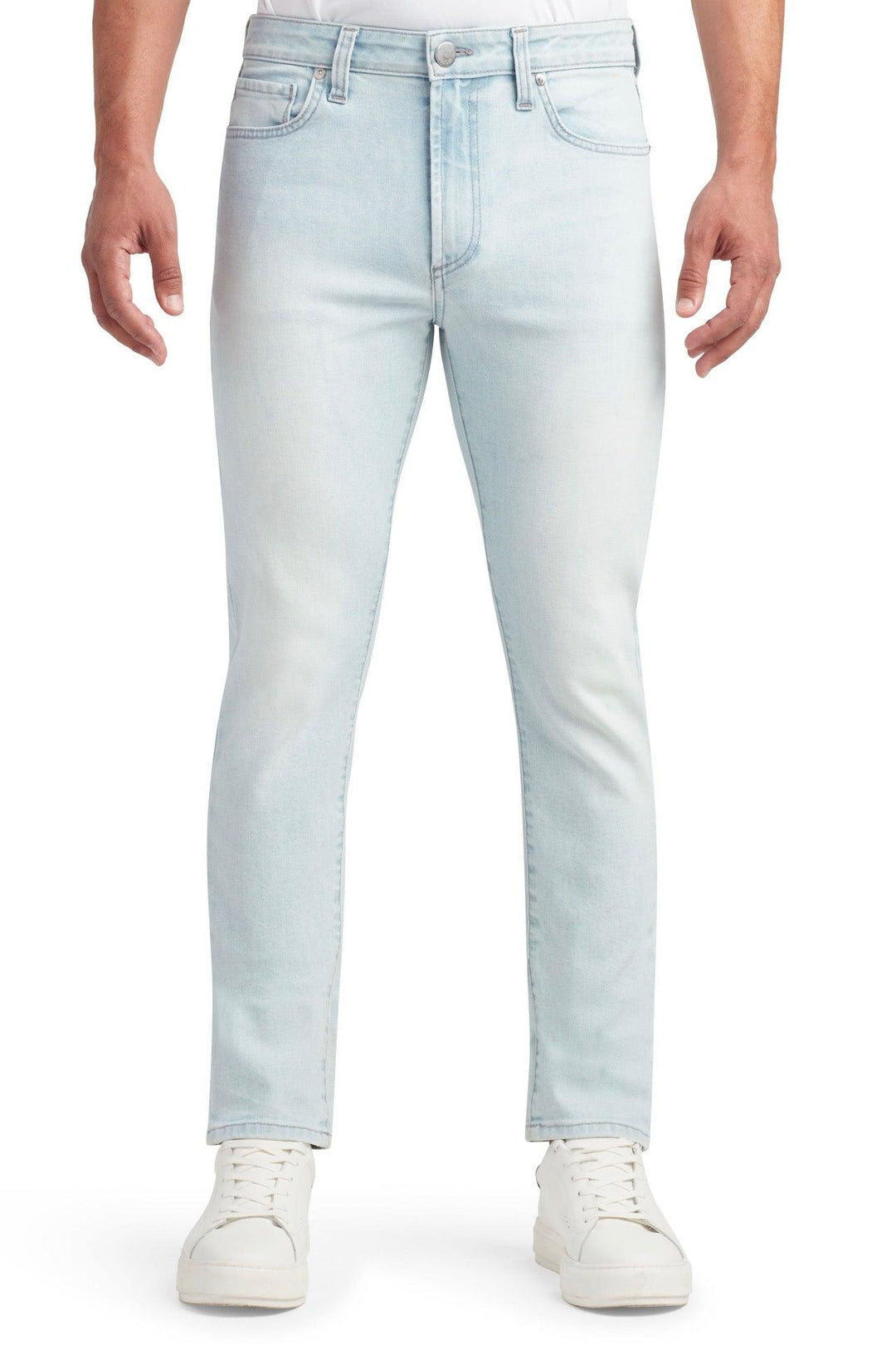 Front profile of MONFRÈRE Brando Naples men's light blue Japanese stretch denim five pocket slim jean.