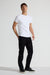 Model wearing MONFRÈRE Brando Noir men's black Japanese stretch denim five pocket slim jean.