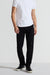 Front profile of MONFRÈRE Brando Noir men's black Japanese stretch denim five pocket slim jean.