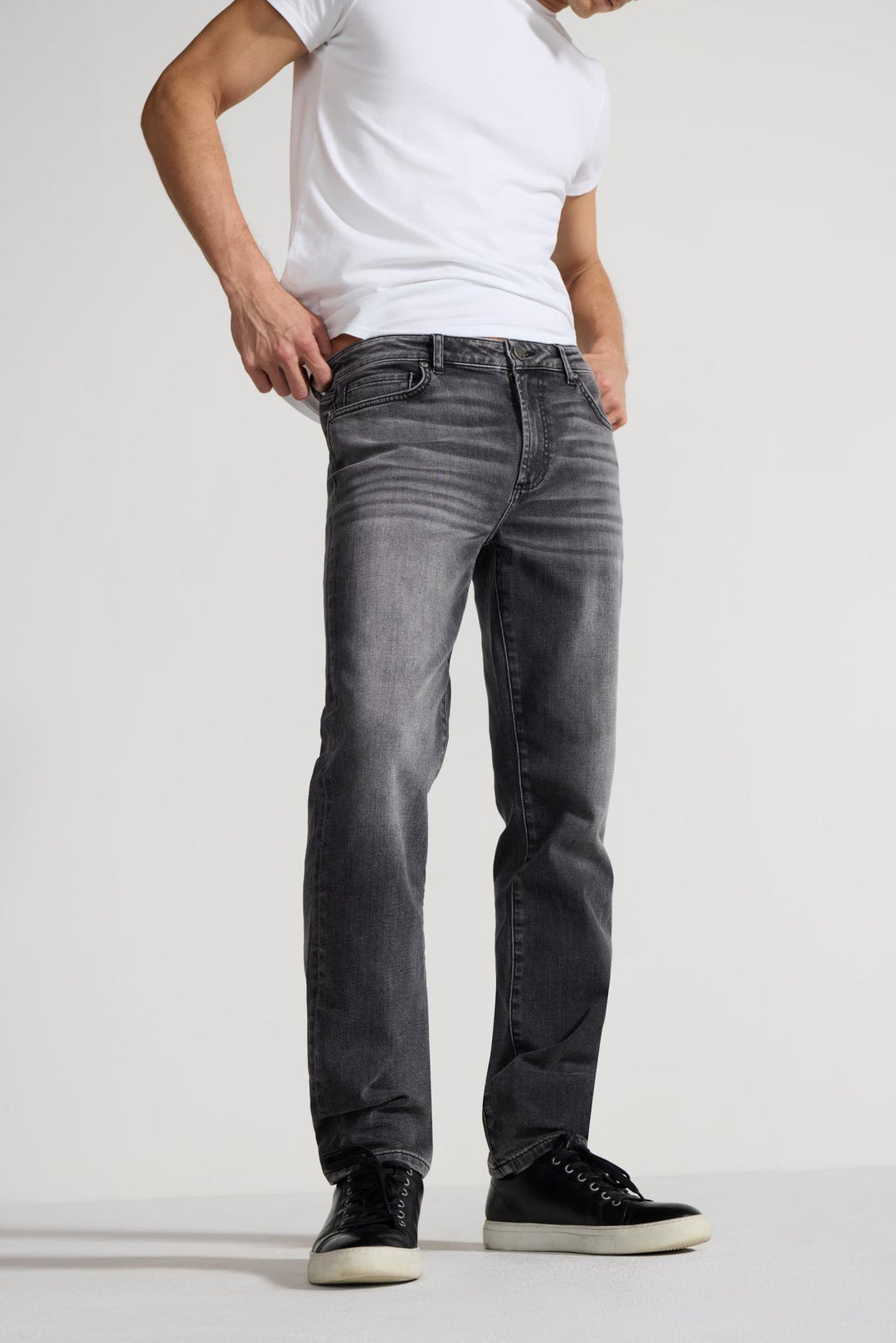 Detail view of MONFRÈRE Brando Oakland men's grey Japanese stretch denim five pocket slim jean.