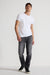 Model wearing MONFRÈRE Brando Oakland men's grey Japanese stretch denim five pocket slim jean.