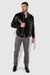 Model wearing MONFRÈRE Brando Parisian Luxe Eiffel Tower men's grey soft stretch twill five pocket slim jean.