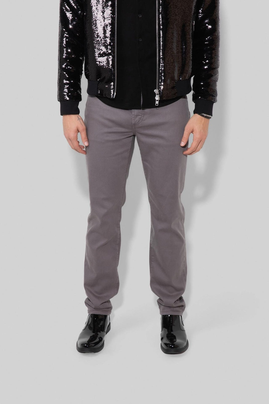 Front profile of MONFRÈRE Brando Parisian Luxe Eiffel Tower men's grey soft stretch twill five pocket slim jean.
