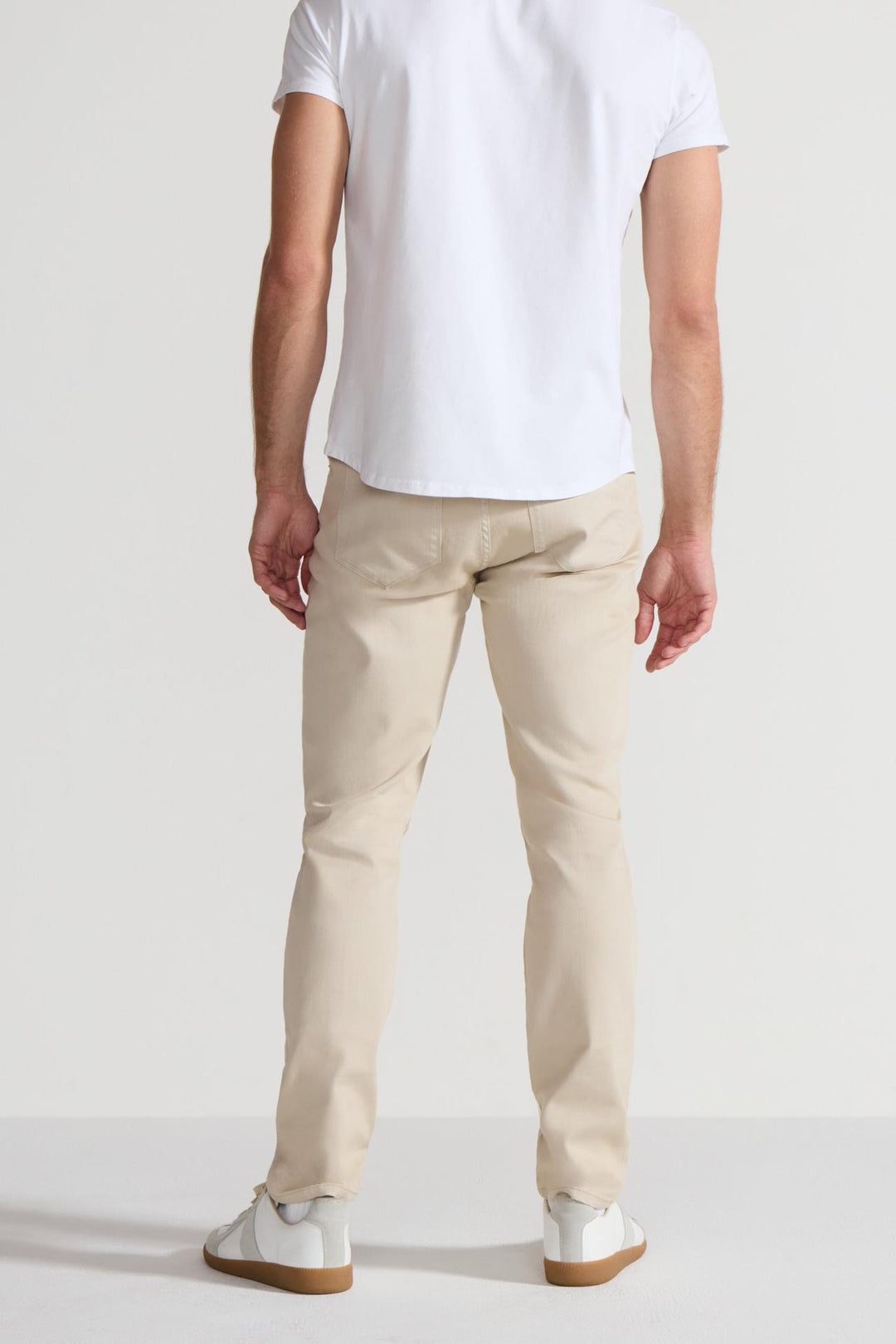 Back profile of MONFRÈRE Brando Parisian Luxe Khaki men's khaki soft stretch twill five pocket slim jean.