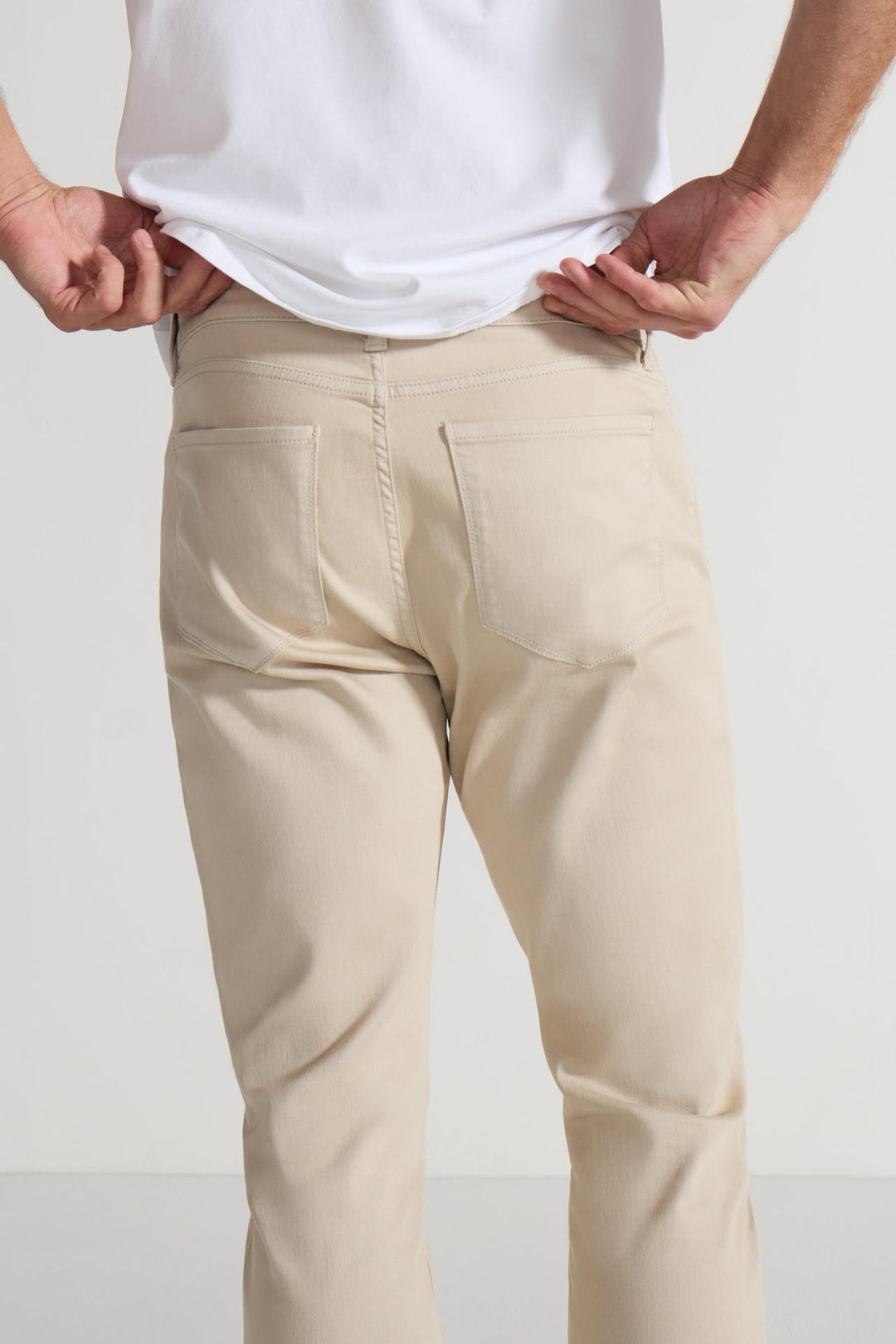 Close up of view MONFRÈRE Brando Parisian Luxe Khaki men's khaki soft stretch twill five pocket slim jean.