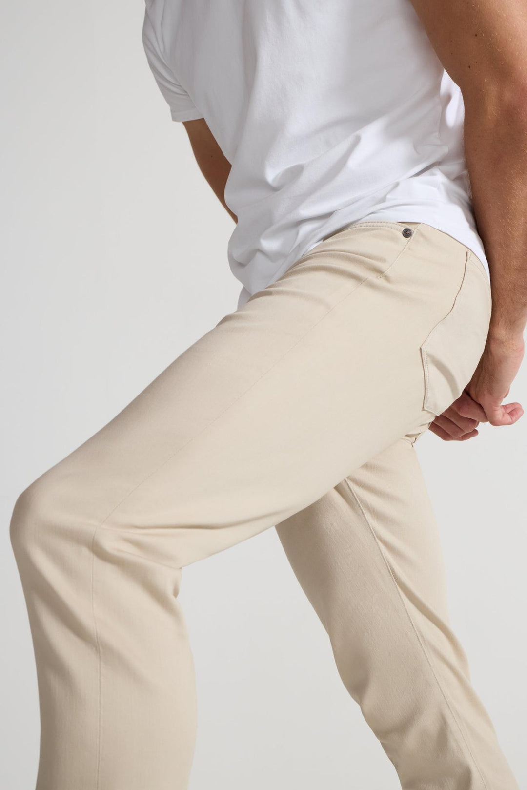 Detail view of MONFRÈRE Brando Parisian Luxe Khaki men's khaki soft stretch twill five pocket slim jean.