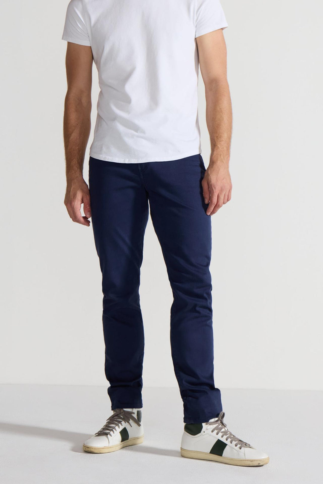 Front profile of MONFRÈRE Brando Parisian Luxe Navy men's blue soft stretch twill five pocket slim jean.