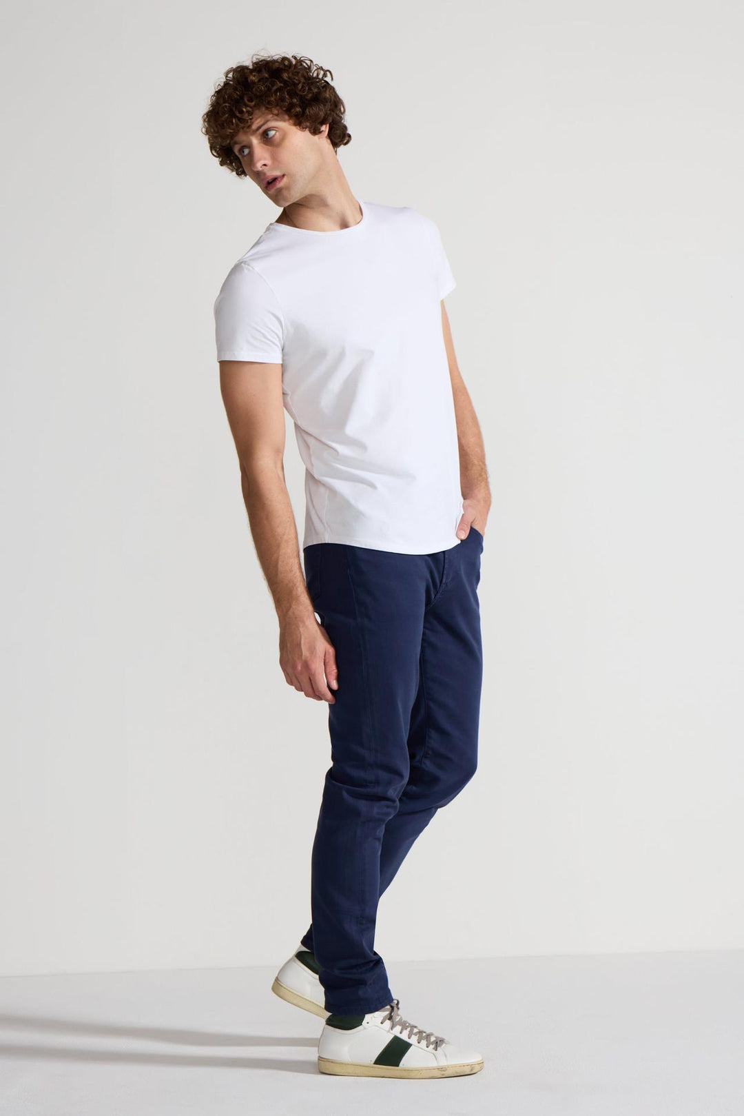 Side profile of MONFRÈRE Brando Parisian Luxe Navy men's blue soft stretch twill five pocket slim jean.