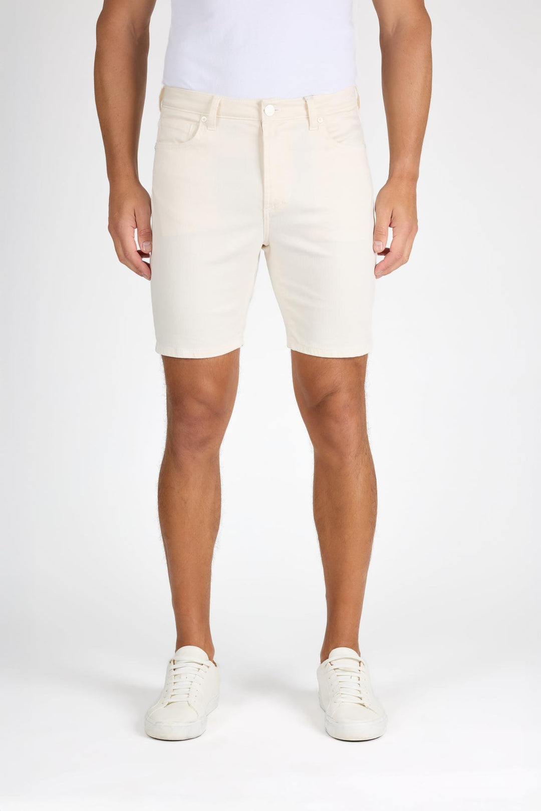 Front profile of MONFRÈRE Brando Short Vintage Blanc men's off white ivory soft stretch twill five pocket short.