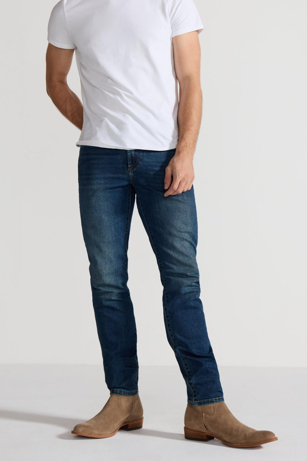 Front profile of MONFRÈRE Brando Tinted Indigo men's dark blue Japanese stretch denim five pocket slim jean.