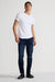 Model wearing MONFRÈRE Brando Vail men's dark blue Japanese stretch denim five pocket slim jean.