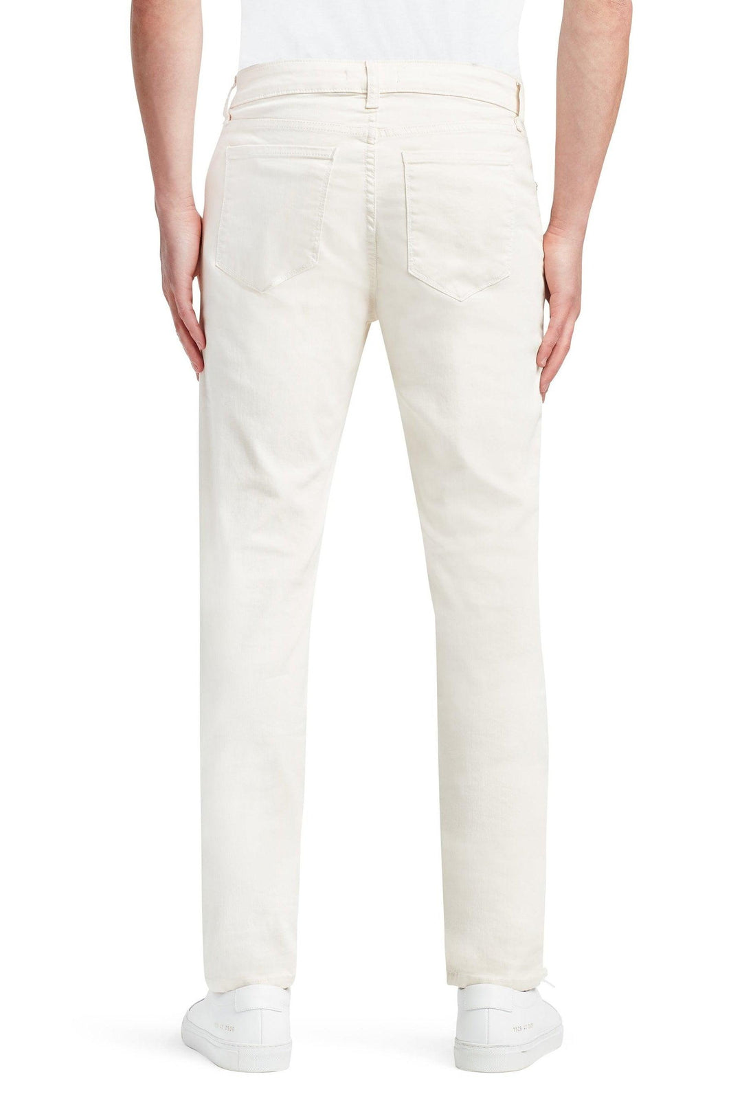Back profile of MONFRÈRE Brando Vintage Blanc men's off white ivory Japanese stretch denim five pocket slim jean.