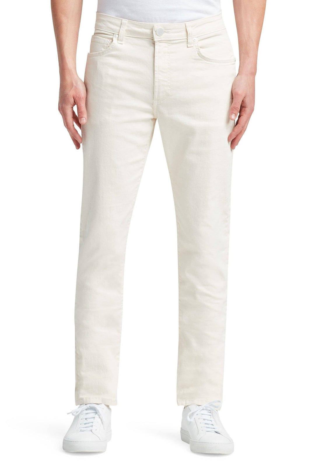 Front profile of MONFRÈRE Brando Vintage Blanc men's off white ivory Japanese stretch denim five pocket slim jean.