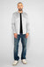 Model wearing MONFRÈRE Caine Clichy men's blue stretch rigid vintage denim five pocket straight leg relaxed jean.