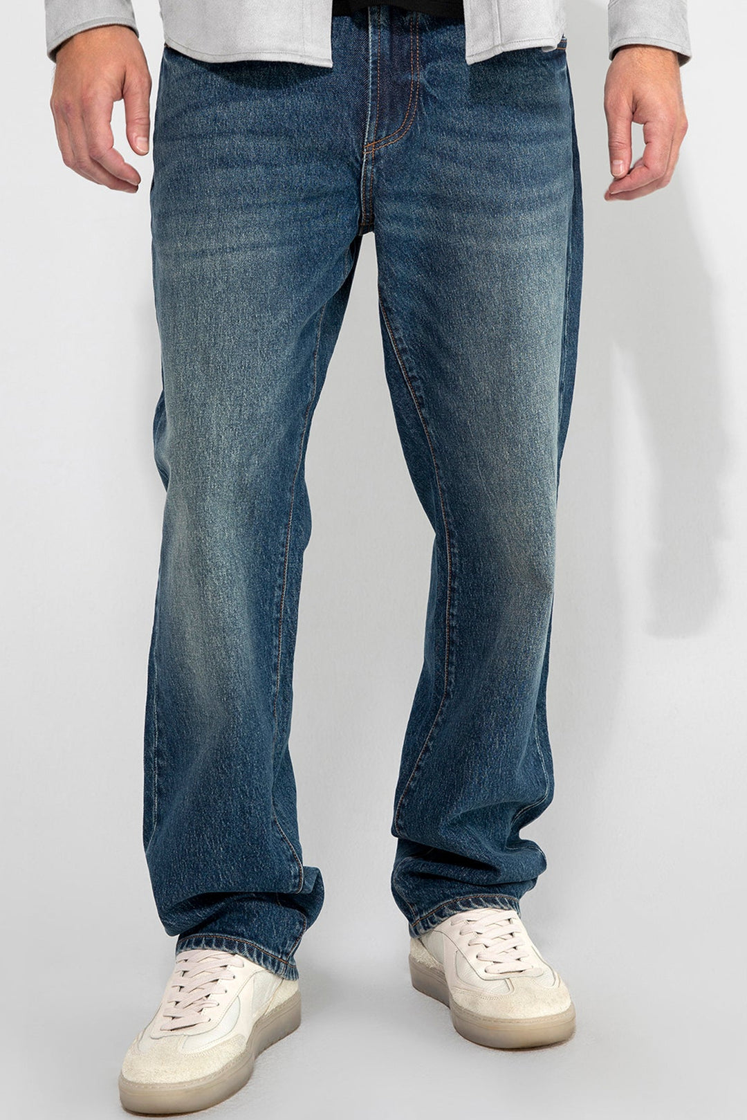 Front profile of MONFRÈRE Caine Clichy men's blue stretch rigid vintage denim five pocket straight leg relaxed jean.