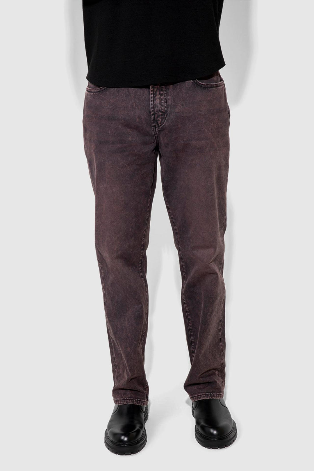 Front profile of MONFRÈRE Caine Vintage Plum men's purple stretch sateen twill five pocket straight leg relaxed jean.