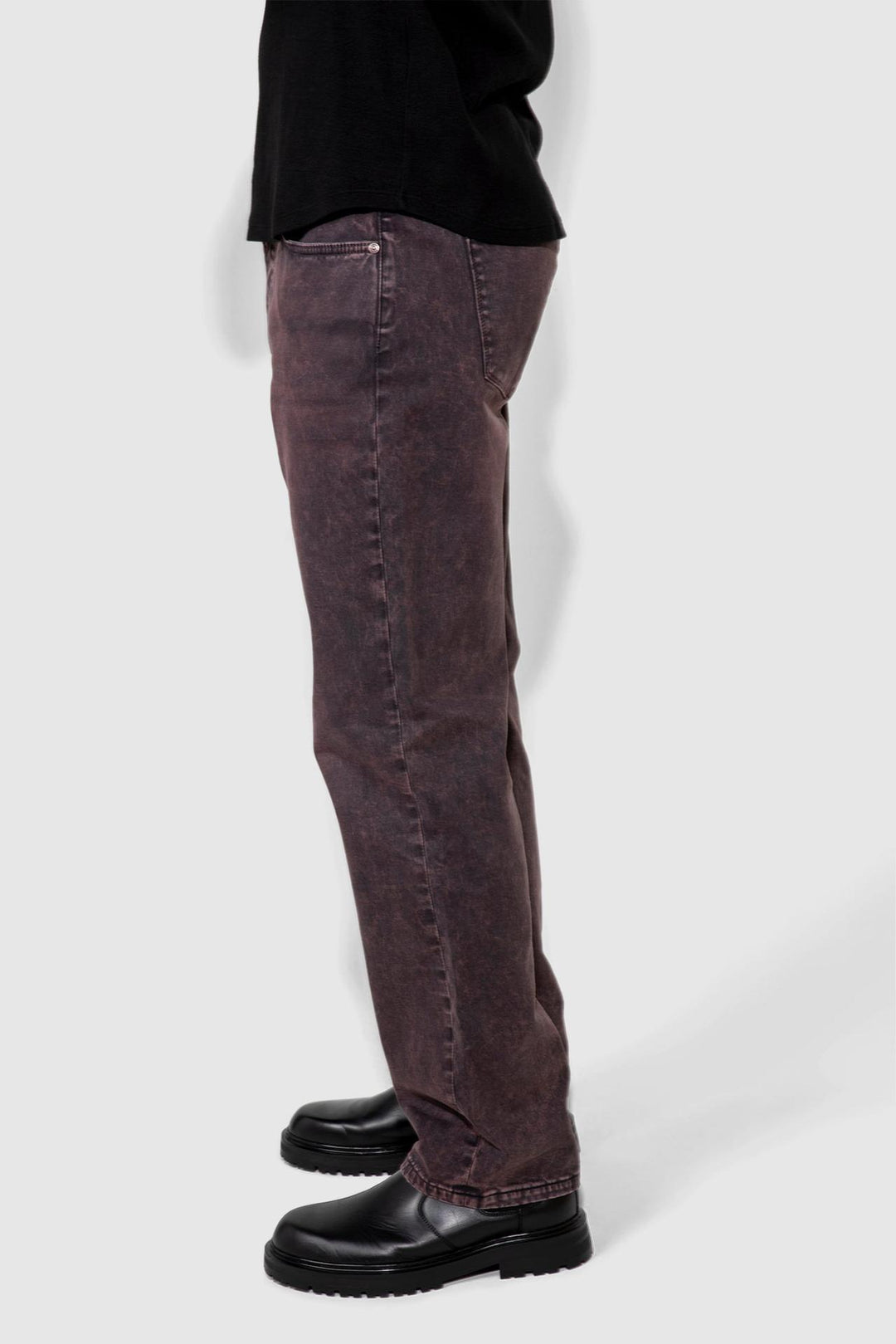Side profile of MONFRÈRE Caine Vintage Plum men's purple stretch sateen twill five pocket straight leg relaxed jean.