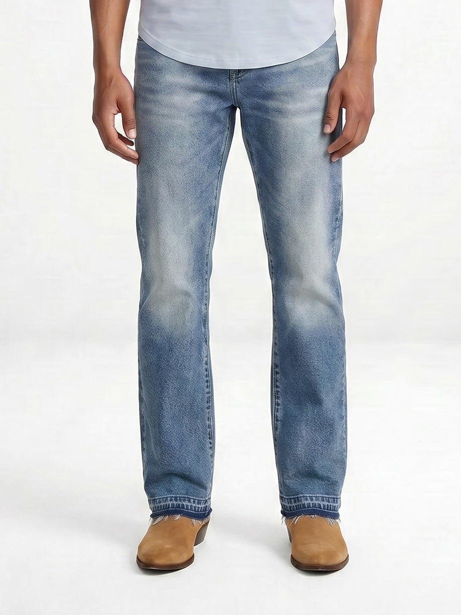 Front profile of MONFRÈRE Clint Aura men's blue rigid denim bootcut jean.