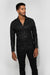 Front profile of MONFRÈRE Cooper Coated Noir men's black Japanese stretch denim with a coated finish button down shirt.