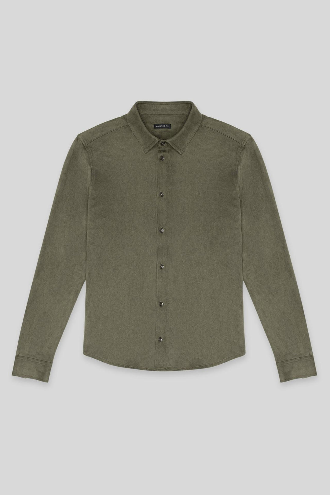 MONFRÈRE Cooper Butter Suede Juniper men's green soft faux suede stretch fabric button down shirt.