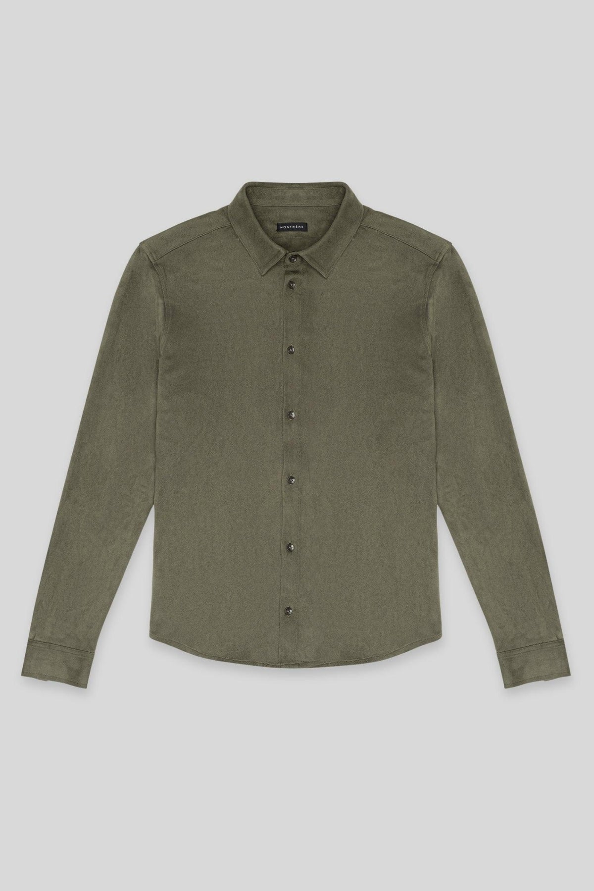 MONFRÈRE Cooper Butter Suede Juniper men's green soft faux suede stretch fabric button down shirt.