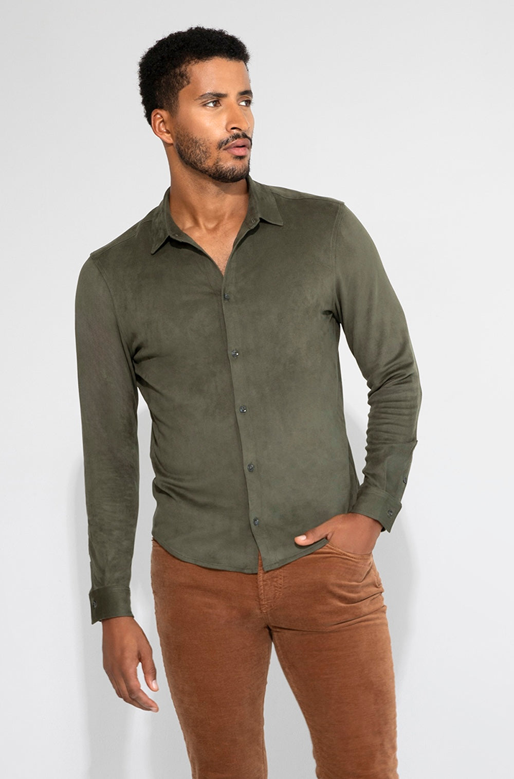 Front profile of MONFRÈRE Cooper Butter Suede Juniper men's green soft faux suede stretch fabric button down shirt.