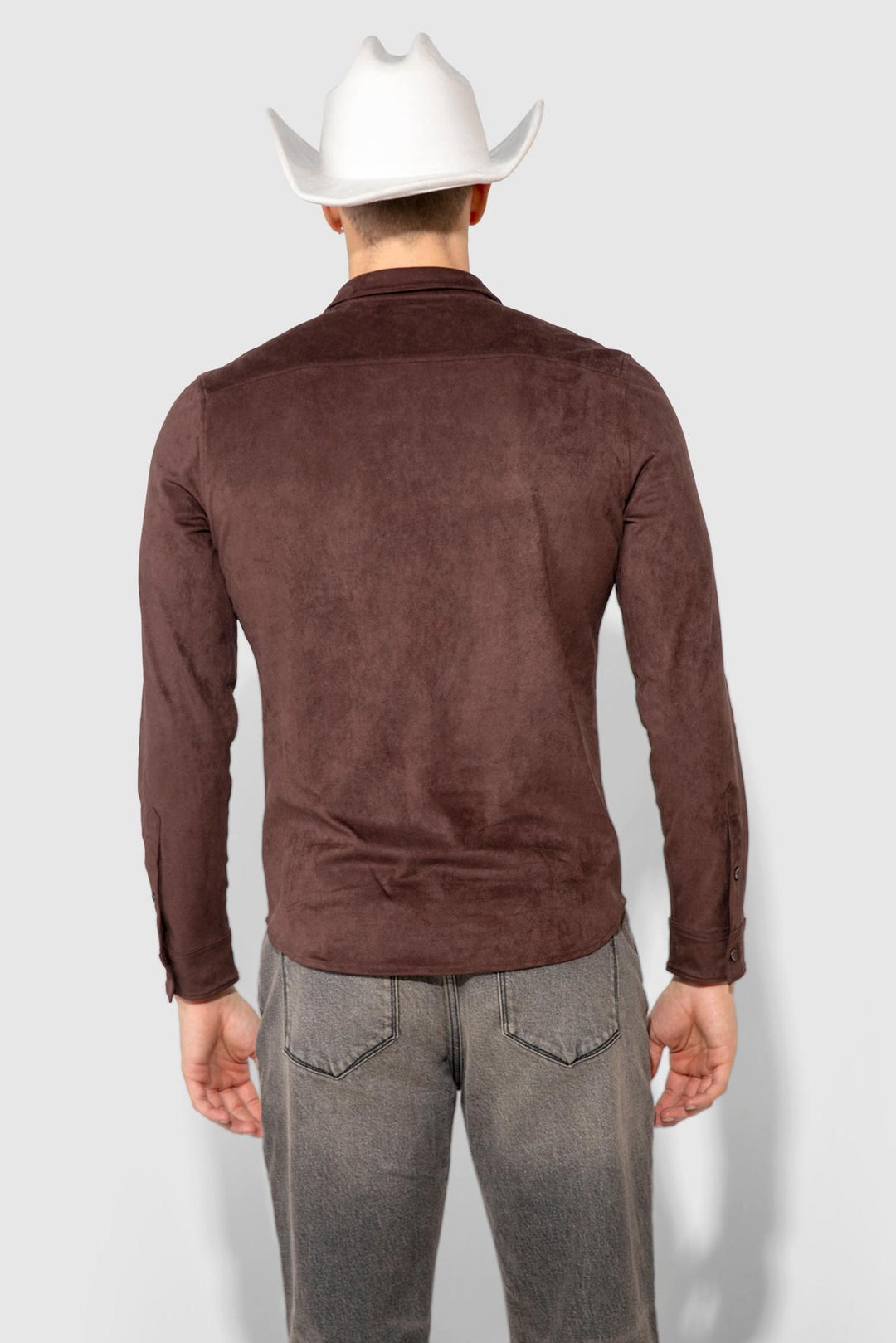 Back profile of MONFRÈRE Cooper Butter Suede Espresso men's brown soft faux suede stretch fabric button down shirt.