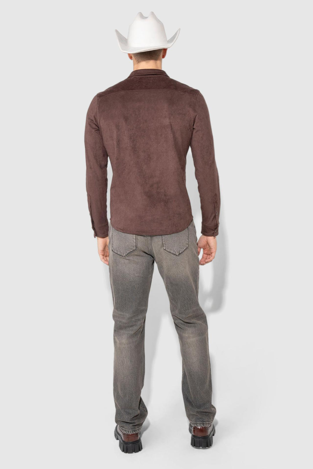 Detail view of MONFRÈRE Cooper Butter Suede Espresso men's brown soft faux suede stretch fabric button down shirt.