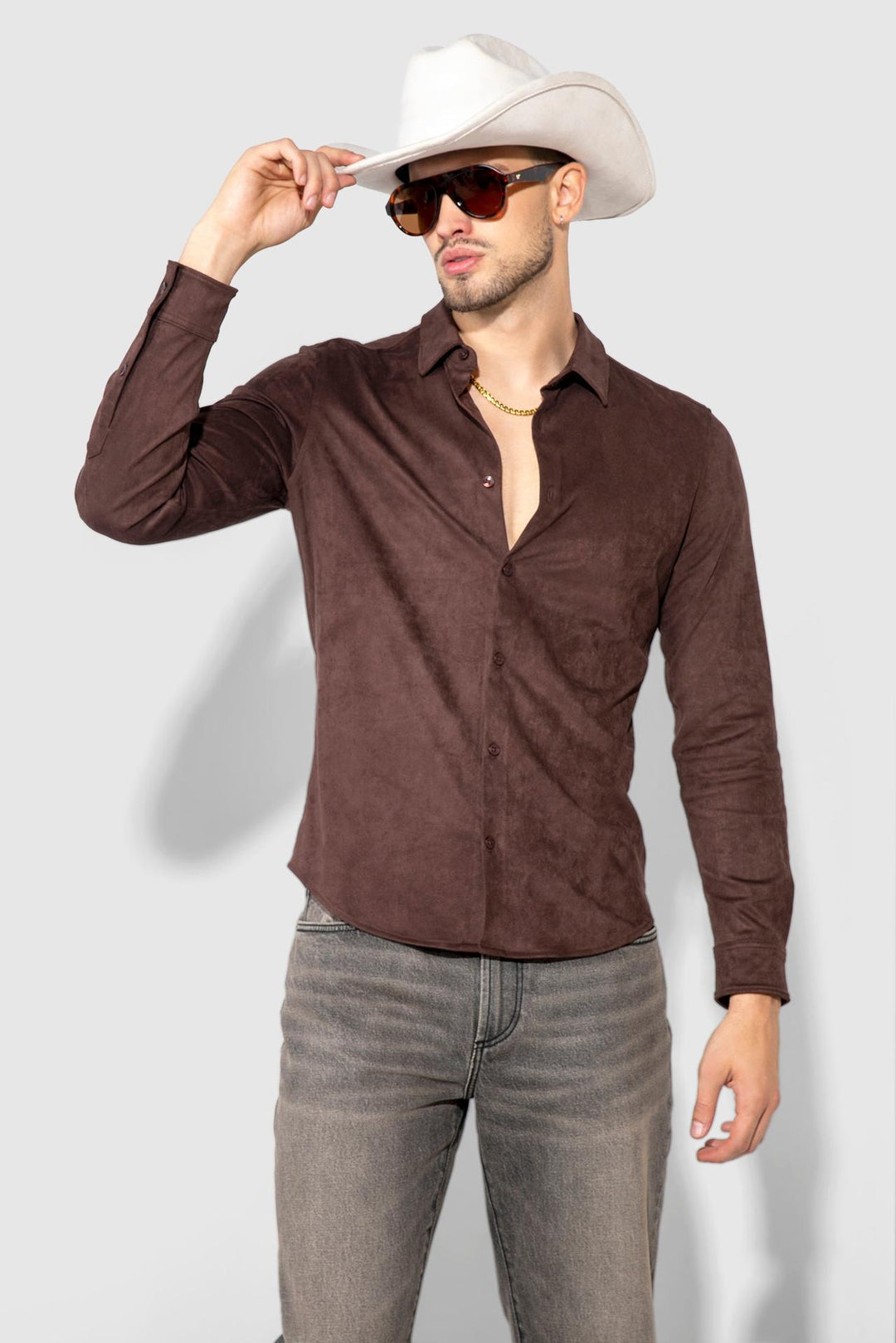 Front profile of MONFRÈRE Cooper Butter Suede Espresso men's brown soft faux suede stretch fabric button down shirt.